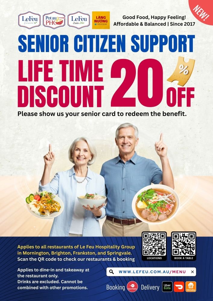 Vietnamese & Asian Food promotion at pot au pho Mornington - lifetime discount 20% - Senior