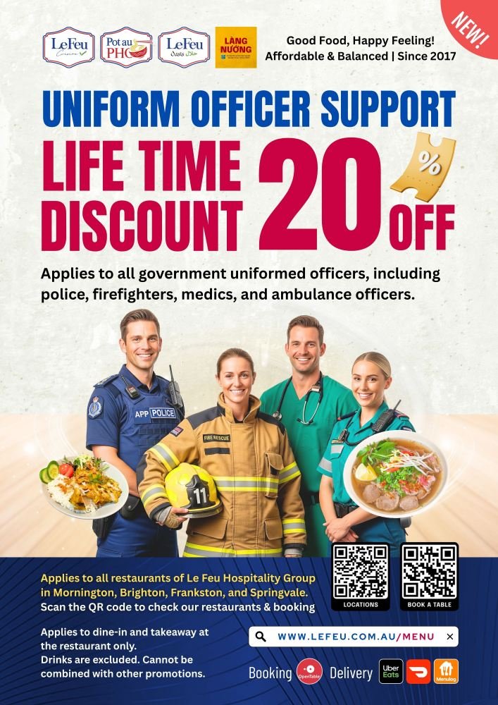 Vietnamese & Asian Food promotion at pot au pho Mornington - lifetime discount 20% - uniformed officers