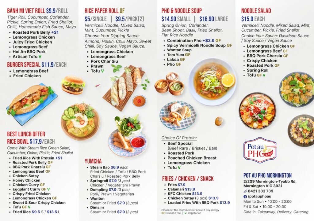 Menu of Pot Au Pho (2/209 Mornington-Tyabb Rd, Mornington)